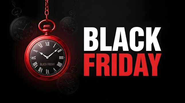 Black friday sale banner with vintage red pocket watch on dark background