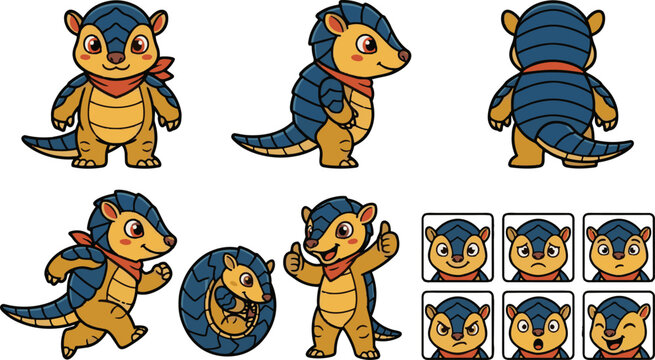Cute armadillo cartoon vector character in various poses and expressions