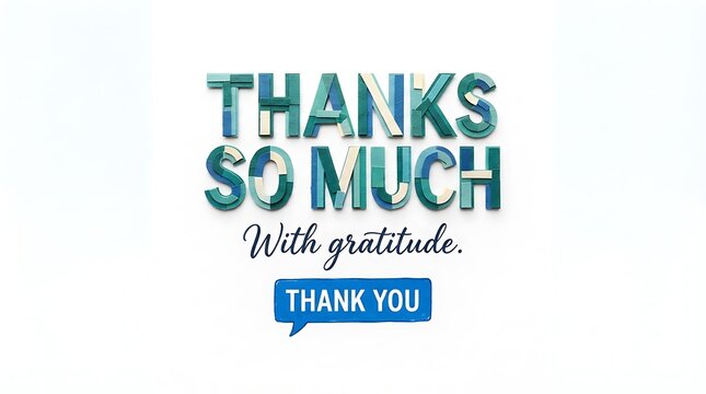 Thanks so much text sign with gratitude message and blue bubble button isolated on a white background