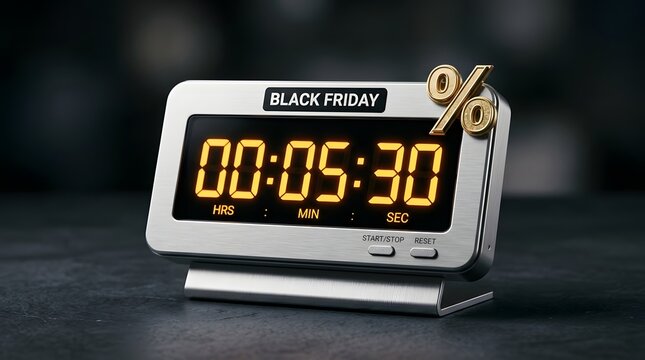 Black friday digital countdown clock with percentage symbol on a dark background