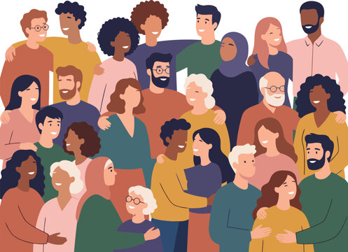 Diverse community of people standing together, multicultural group of men and women in flat vector style, inclusive society and social unity concept