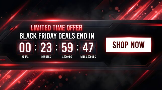 Black friday digital countdown timer with shop now button on a dark background