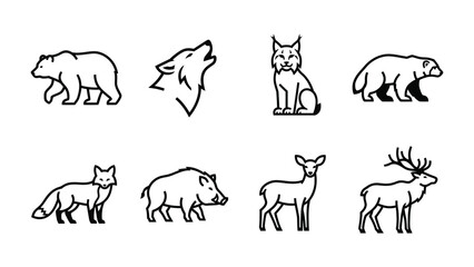 Fototapeta premium Wild Animal Icons: A collection of stylized line art icons representing various wild animals including a bear, wolf, lynx, fox, wild boar, and deer.