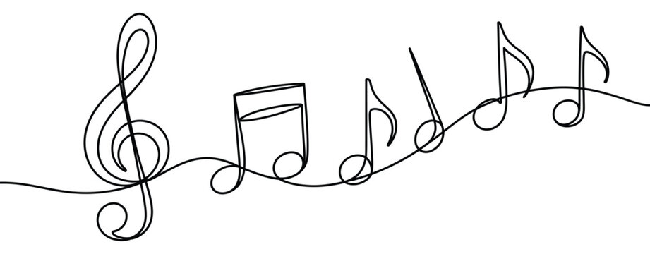 Music notes and treble clef continuous single line drawing, abstract sheet music line art, melody, rhythm, sound, musical creativity, vector, design