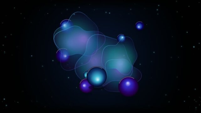 Abstract blue glowing spheres and fluid shapes in dark space background
