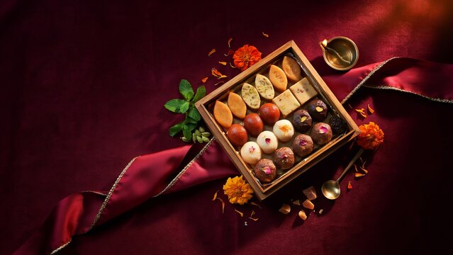 Assorted indian sweets arranged in a wooden gift box for festival celebration