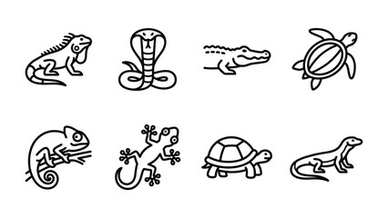 Obraz premium Reptile Collection: A stylized line art collection showcasing a variety of reptiles, including an iguana, cobra, alligator, turtle, chameleon, gecko, tortoise, and lizard, presented in a clean.