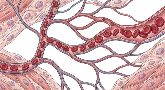 Detailed Microscopic Illustration of Blood Vessels and Tissue Cells