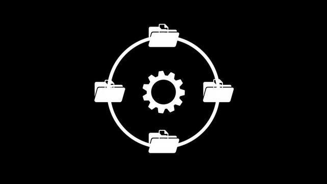 Animated File management  with spinning gear icon and multiple folder showing digital workflow on Black Background Loop. Digital File Management Concept.