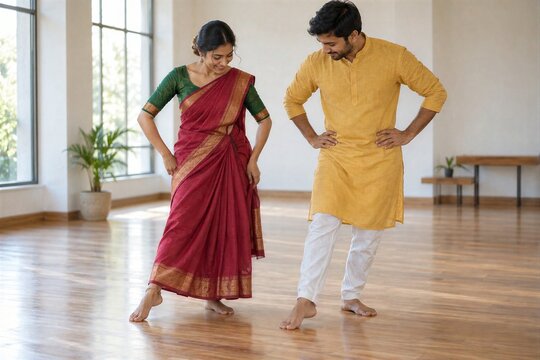 Couple in Traditional Indian Clothing Practicing Dance Steps in Studio