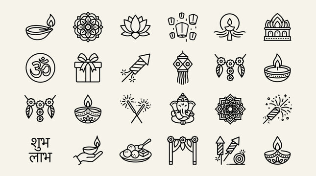 Diwali festival line icon set, 24 Indian holiday vector elements, traditional Hindu celebration symbols with diya lamps and fireworks