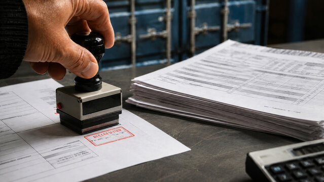 Worker stamping received paperwork beside shipping containers and stacked documents, showing logistics, customs, cargo processing, and supply chain administration