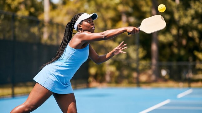 Female pickleball player reaching for high ball on court