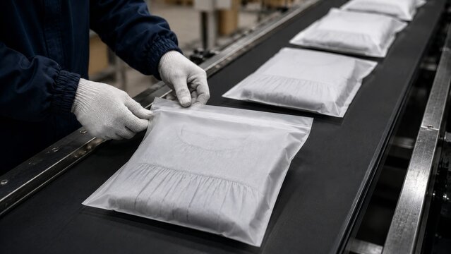 Worker packaging folded clothing in plastic bags on a conveyor belt, showing garment production, fulfillment, quality control, and industrial packing
