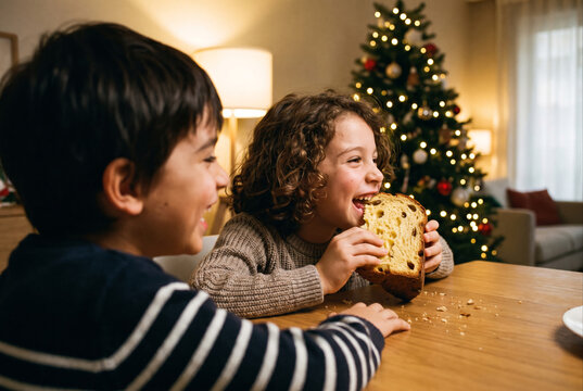 Cousins laughing while eating panettone together