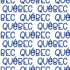 Seamless pattern with Canadian province name Quebec text grid. Modern francophone heraldic fleur-de-lis lily layout for abstract retro travel wrapping paper. © anngirna