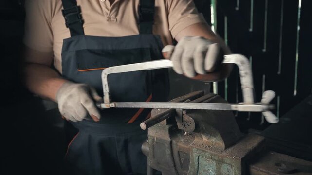 Skilled technician in work apron uses a hacksaw to cut metal pieces, demonstrating precise hand movements while positioned at a workbench in a dimly lit workshop environment