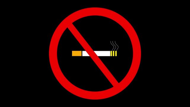 Animated no smoking symbol with cigarette and red circle prohibition sign during daytime