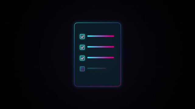 Neon glowing checklist icon on dark background, digital task list symbol, modern ui element for web and mobile applications, minimalist vector illustration