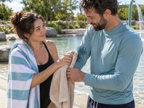 Smiling Couple Holding Towel And Drying Off After Swimming