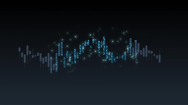 Digital candlestick chart movement trend, cyber trading price value open low high close, dark particle algorithm investment analysis and financial stock