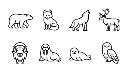 Obraz premium Arctic Wildlife Icons: A set of clean, modern line art icons depicting various arctic animals including a polar bear, fox, wolf, reindeer, musk ox, walrus, seal, and owl.