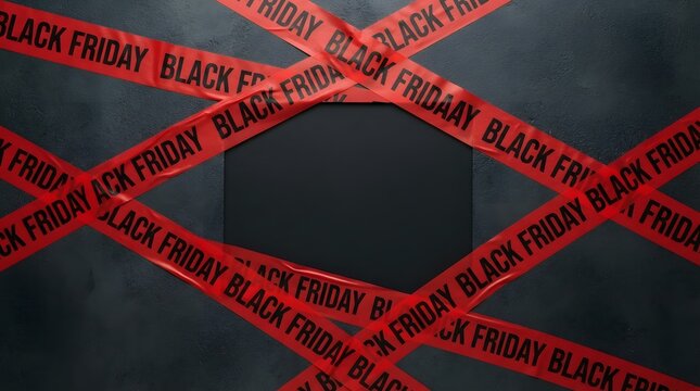 Red warning tape with black friday text crisscrossed over a dark black background with a central empty space for text