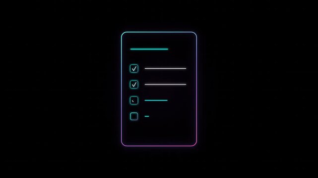 Neon glowing checklist icon on black background, digital task list interface element, modern ui design for todo app or project management concept