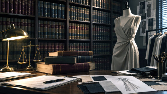 Fashion design studio with dress mannequin, fabric samples, sketches, books, and scales, showing the legal and creative sides of the clothing industry
