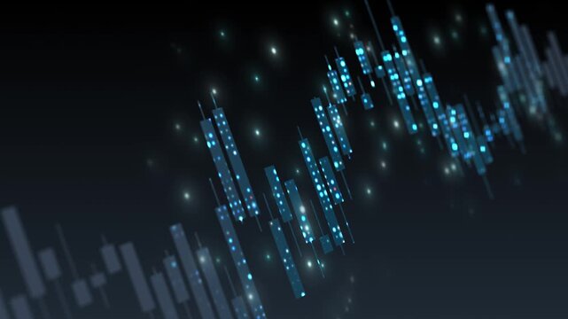 Particle algorithm investment analysis and financial stock, digital candlestick chart movement trend, cyber trading price value open low high close