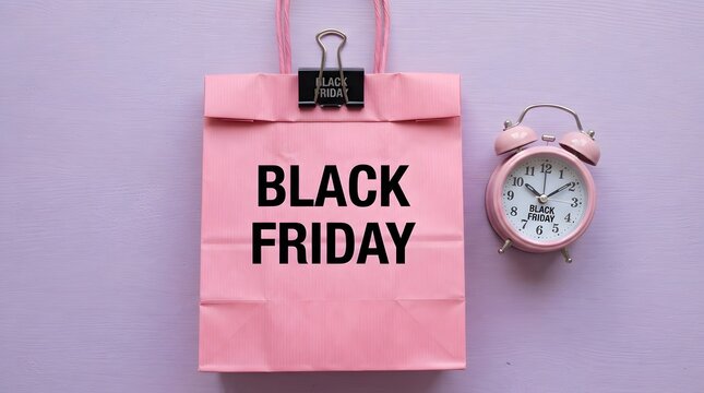 A pink paper shopping bag with black friday text and a matching pink alarm clock on a light purple wooden surface