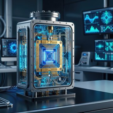A complex quantum processor unit glowing with blue light, utilizing entanglement and superposition for advanced computing in a futuristic lab, high-tech, hardware, glow