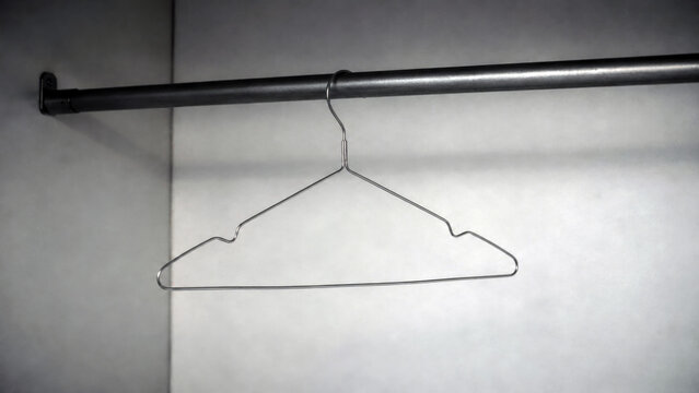 Single empty wire hanger on a bare clothing rail, symbolizing retail closure, sold out inventory, minimalism, absence, and empty wardrobe space
