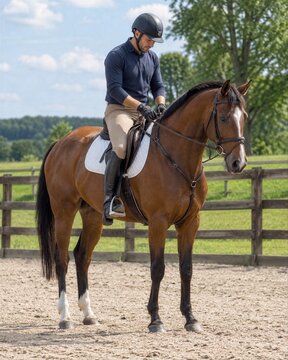 Equestrian Rider Sitting on a Bay Horse in an Outdoor Arena