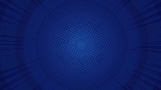 Dark blue comic book style background with radial speed lines and halftone dot pattern