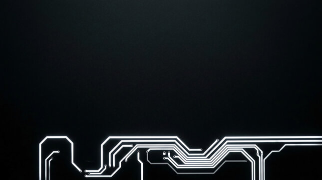Minimalist white glowing circuit board lines on a dark black background featuring futuristic digital electronic hardware paths and copy space for technology software engineering design.