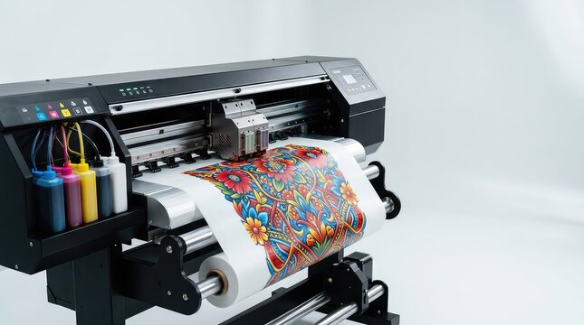 A direct-to-film printer precisely applies vibrant, colorful inks and designs onto special transfer film for custom fabric textile printing applications, surface, color accuracy, film