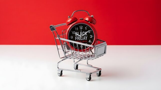 Black friday sale concept with red alarm clock inside a shopping cart isolated on white background