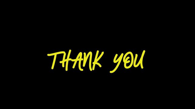 Thank you text handwritten animation with yellow brush script isolated on black background.