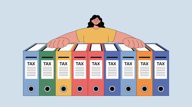 Woman standing behind a long neat row of colorful tax archive folders on a light blue background, managing business finance.
