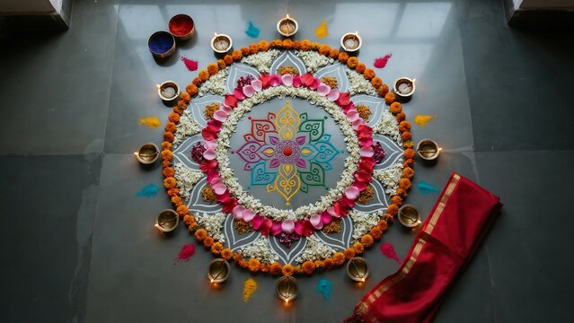 Colorful circular rangoli pattern decorated with flowers and small oil lamps