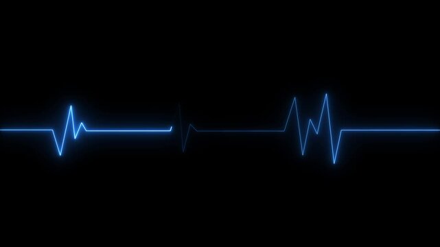 Blue neon ECG heartbeat pulse line on a dark background.glowing electrocardiogram wave showing medical health monitor, emergency cardiology signal and life rhythm.4k video