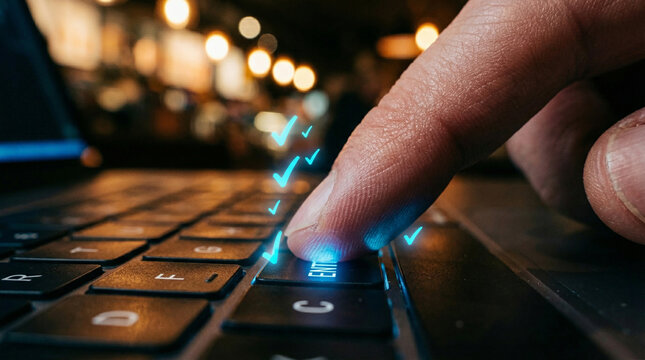 Finger pressing a brightly glowing blue key on a laptop keyboard perfect for modern digital technology and advanced cyber cybersecurity