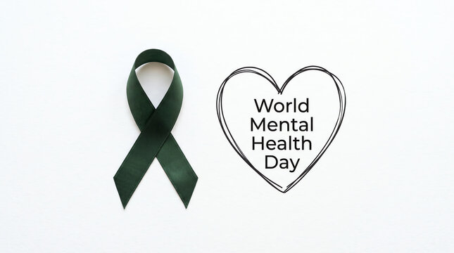 Black ribbon and heart with text world mental health day awareness concept