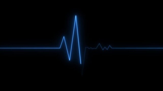 blue glowing neon heartbeat pulse animation on black background showing cardiogram line style motion graphics in loop ECG medical concept video design.4k video animation concept