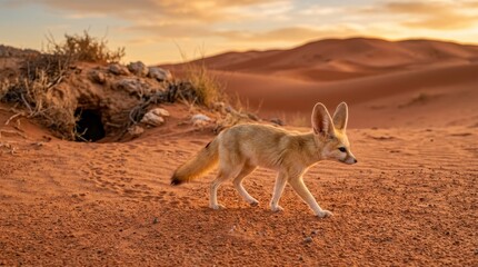 Fototapeta premium Desert Fox in the Sand Dunes: A Fennec fox with enormous ears navigates the arid landscape of sandy dunes at dusk, its den nestled in a small mound.