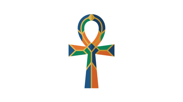 Geometric ankh symbol with colorful patterns on white background