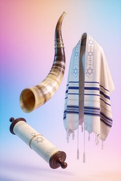 Yom Kippur and Rosh Hashanah Symbols with Shofar, Tallit, and Torah Scroll
