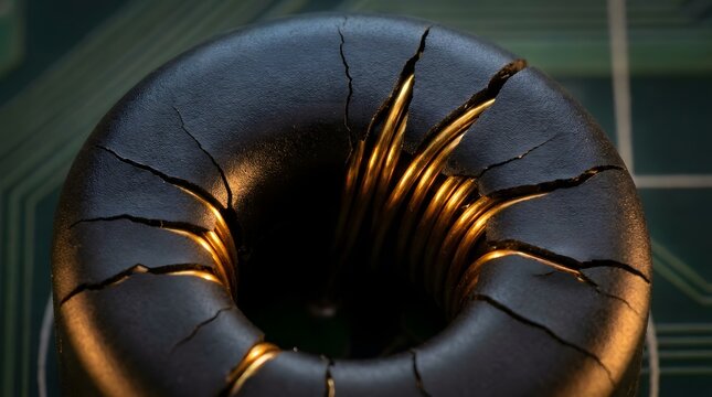 Cracked ferrite core inductor with copper wire coils demonstrating electrical component failure and heavy wear
