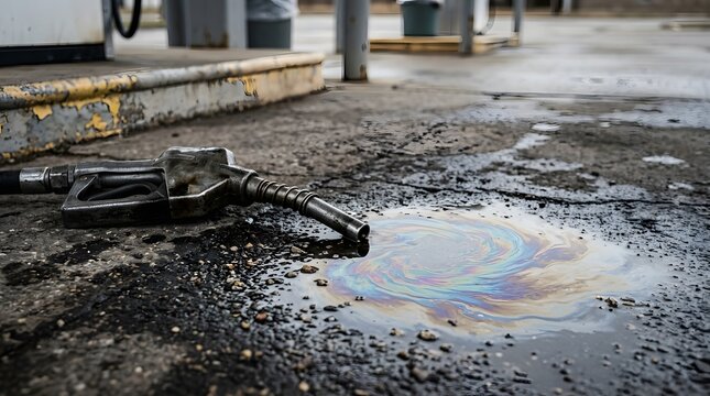 Discarded fuel pump nozzle leaking gasoline onto wet pavement creating a toxic rainbow oil slick highlighting fossil fuel pollution and environmental degradation